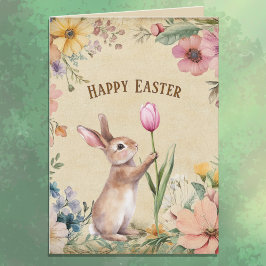 Baby Easter Bunny with Pink Tulip Vintage Floral  Kort