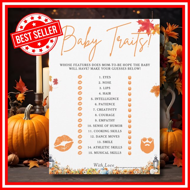 BABY EGENSKAPER SPEL Lätt Babyshower-spel Pumpa Inbjudningar (BABY TRAITS GAME Easy Baby Shower Game A Little Pumpkin is on the Way Theme )