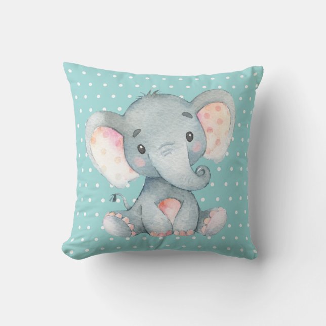 Baby Elefant Aqua Teal Turkos och Grå Kudde (Framsida)