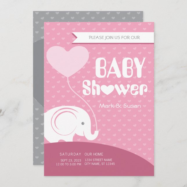 Baby Elefant Bebisdopp Invitation för Babyflicka Inbjudningar (Fram/baksida)