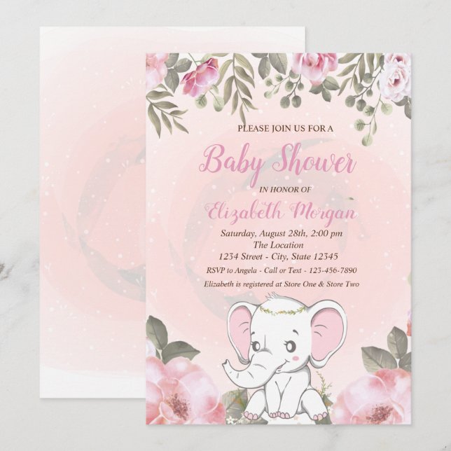 Baby Elefant Blommig Baby Shower Inbjudan (Fram/baksida)