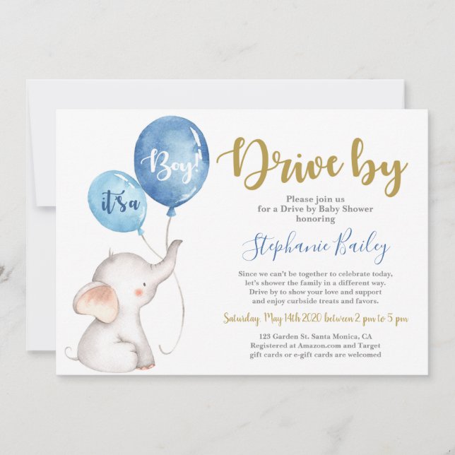Baby elefant Drive by Baby Shower boy Inbjudningar (Framsida)