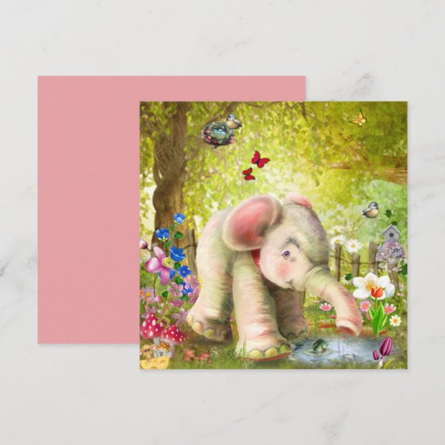 Baby Elefant Fantasi Platt Kort (Fram/baksida)