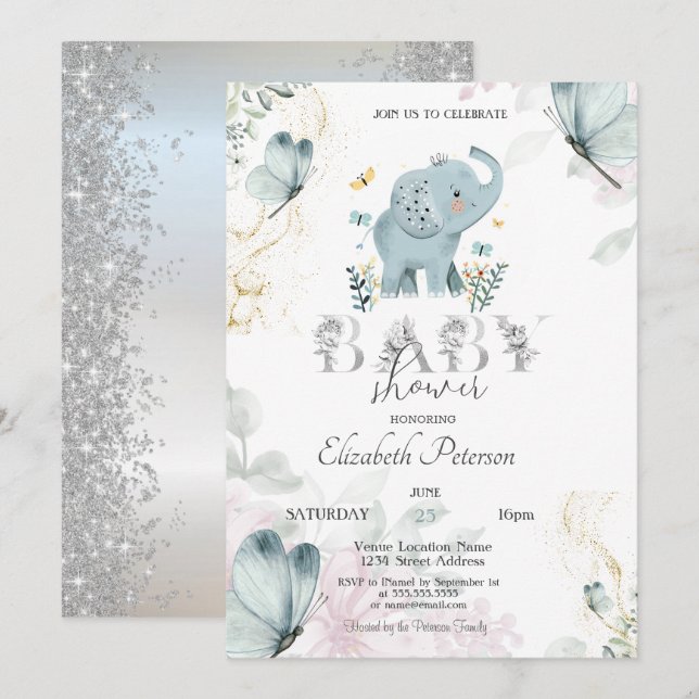 Baby Elefant Fjäril Glitter Silver Babyfirande Inbjudningar (Fram/baksida)