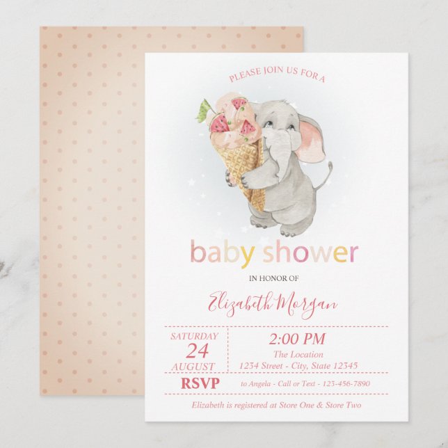 Baby Elefant Glasskott Polka Prickar Barnkalas Inbjudningar (Fram/baksida)