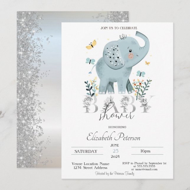 Baby Elefant Glitter Silver Babyfirande Inbjudningar (Fram/baksida)