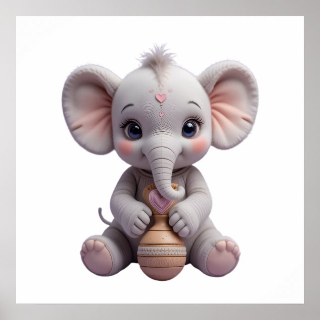 Baby Elefant Håller Leksak – Söt Barnkammare Poster (Framsidan)