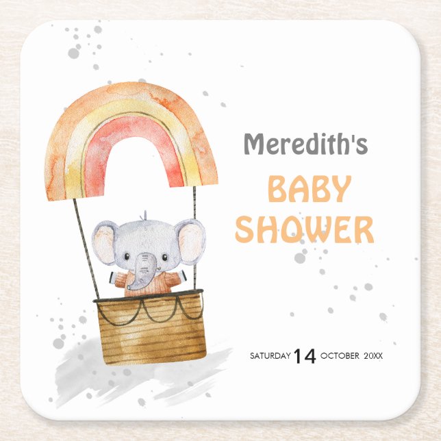 Baby elefant i ballonger, babydusch,Papper Underlä Underlägg Papper Kvadrat (Framsidan)