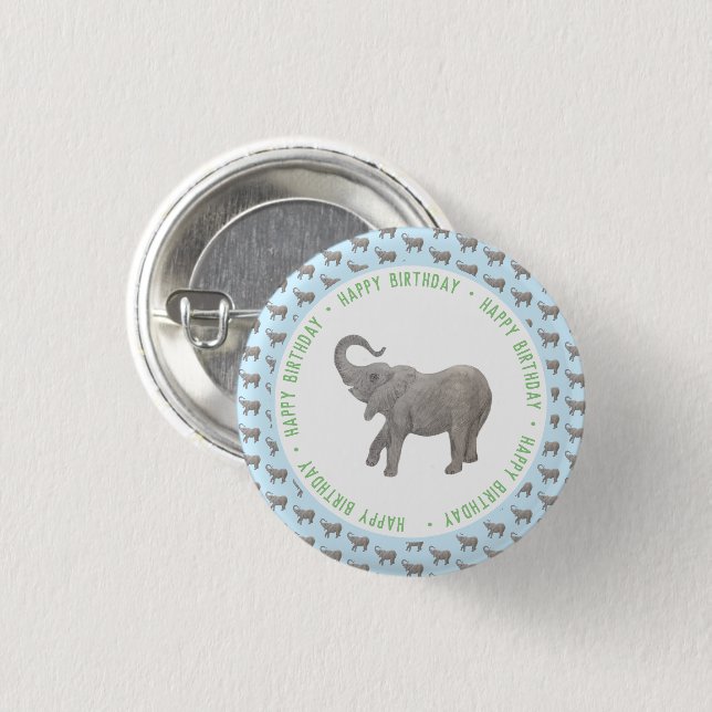 Baby Elefant Ljusblå Födelsedag Knapp (Framsida & baksida)
