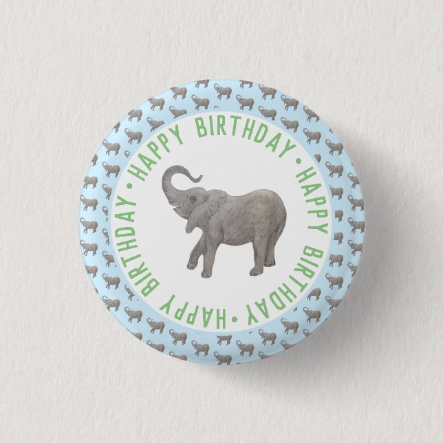 Baby Elefant Ljusblå Födelsedag Knapp (Framsida)