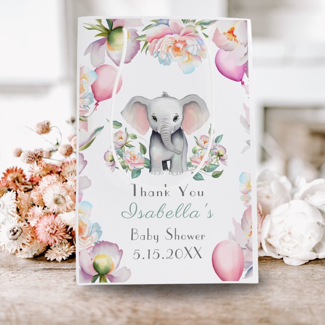 Baby elefant med babyskor för peonier och ballonge (Celebrate joyfully with baby elephant, peonies, and balloons: shower happiness!)