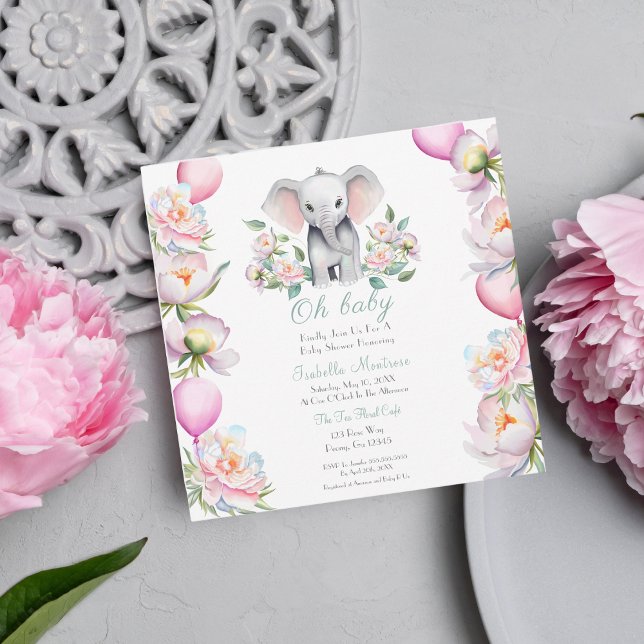 Baby elefant med babyskor för peonier och ballonge inbjudningar (This invitation also comes in this design with full coordinating party decorations.)