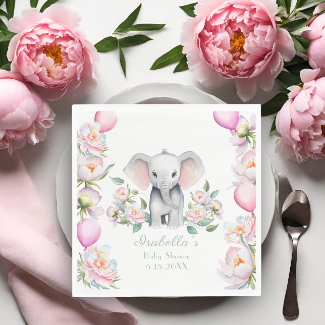 Baby elefant med babyskor för peonier och ballonge pappersservett (Add whimsy and charm to your baby shower with these delightful napkins!)