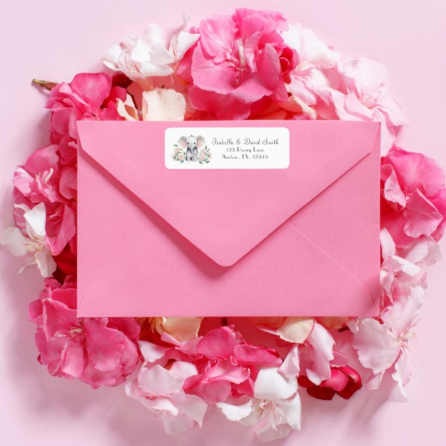 Baby elefant med peonior, Eukalyptus Retur  Returadress Etikett (Decorate your invitations envelope with this coordinating baby shower design. )