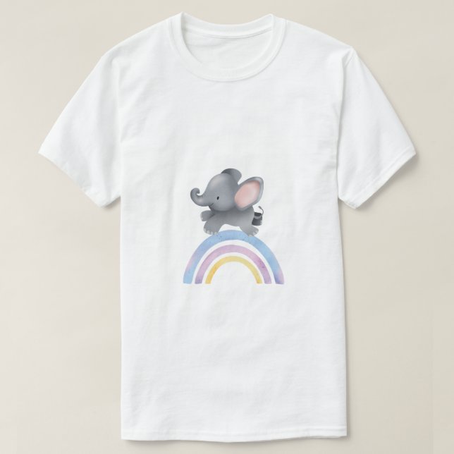 Baby Elefant på Regnbåge Watercolor T-Shirt (Design framsida)