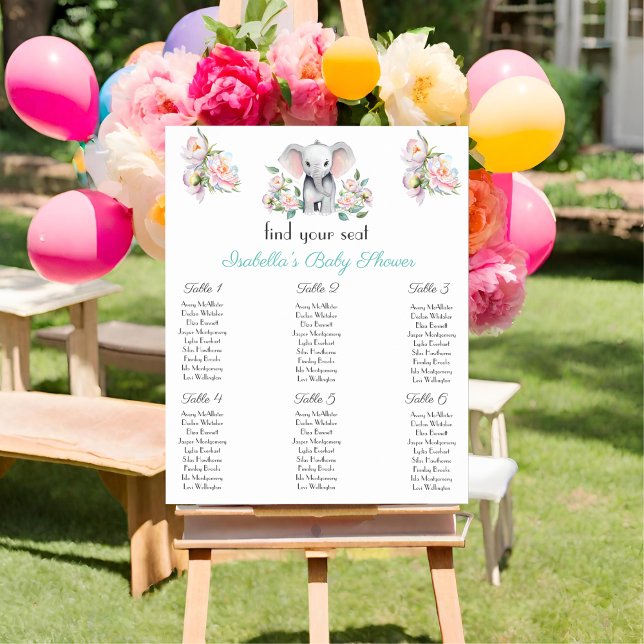 Baby Elefant Påfågelsblommor, Eukalyptus Placering Poster (Help guide your guests to their table with this charming seating chart.)