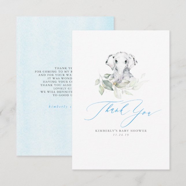 Baby Elefant Pojke Baby Shower Tack Kort (Fram/baksida)