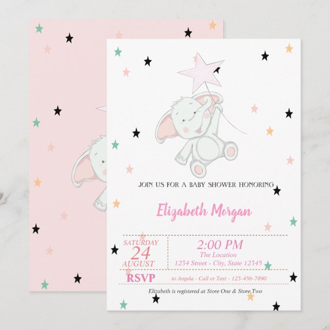 Baby Elefant, Stjärnor Baby Shower Inbjudningar (Fram/baksida)