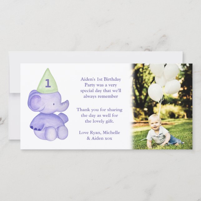 Baby Elephant 1:a födelsedagsfoto för Tack (Framsida)