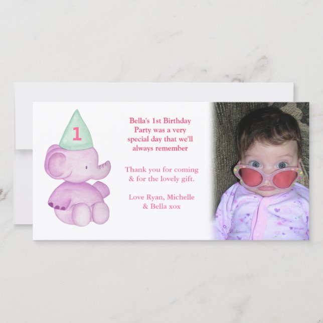 Baby Elephant 1:a födelsedagsfoto för Tack Kort (Framsida)