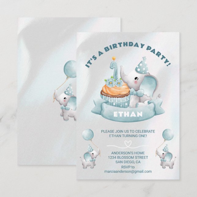 Baby Elephant 1st Birthday Inbjudningar (Fram/baksida)