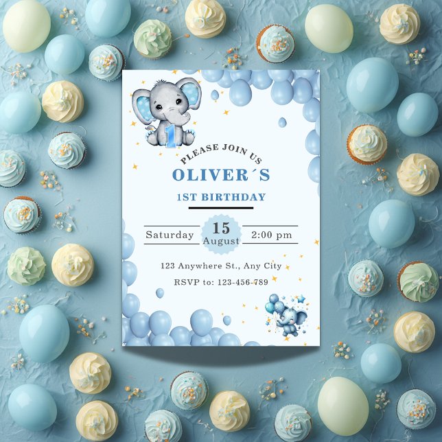 Baby Elephant 1st Birthday Invitation Boy Blue Inbjudningar (Skapare uppladdad)