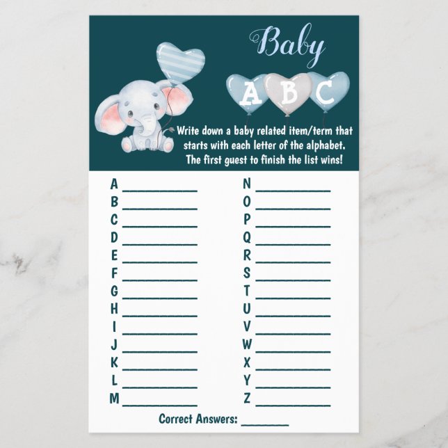 Baby Elephant ABC Baby Shower Game Card Flygblad (Framsidan)