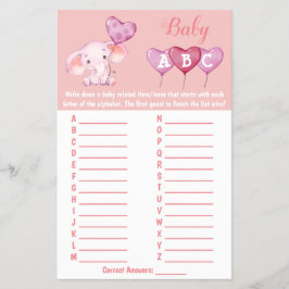 Baby Elephant ABC Baby Shower Game Card Flygblad