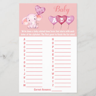 Baby Elephant ABC Baby Shower Game Card Flygblad