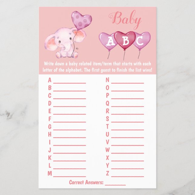Baby Elephant ABC Baby Shower Game Card Flygblad (Framsidan)