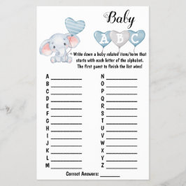Baby Elephant ABC Baby Shower Game Card Flygblad