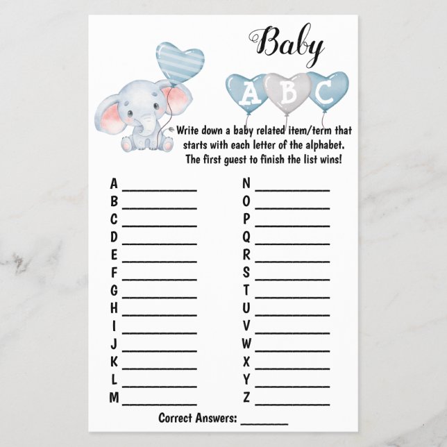 Baby Elephant ABC Baby Shower Game Card Flygblad (Framsidan)