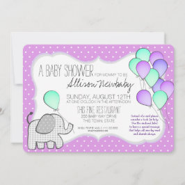 Baby Elephant and Balloons Magenta Baby Shower Inbjudningar