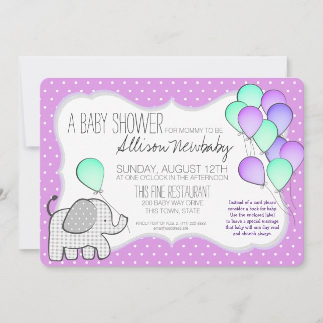Baby Elephant and Balloons Magenta Baby Shower Inbjudningar (Framsida)
