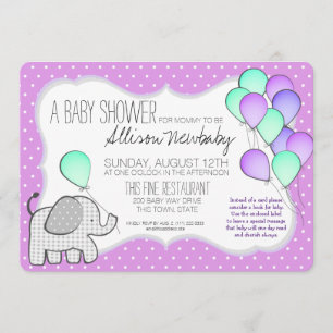 Baby Elephant and Balloons Magenta Baby Shower Inbjudningar
