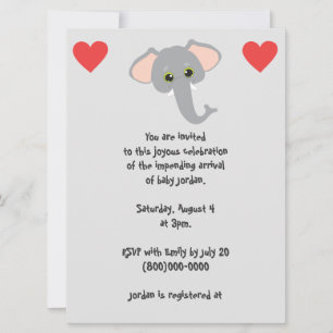 Baby Elephant and Hearts Grått Baby Shower Inbjudningar