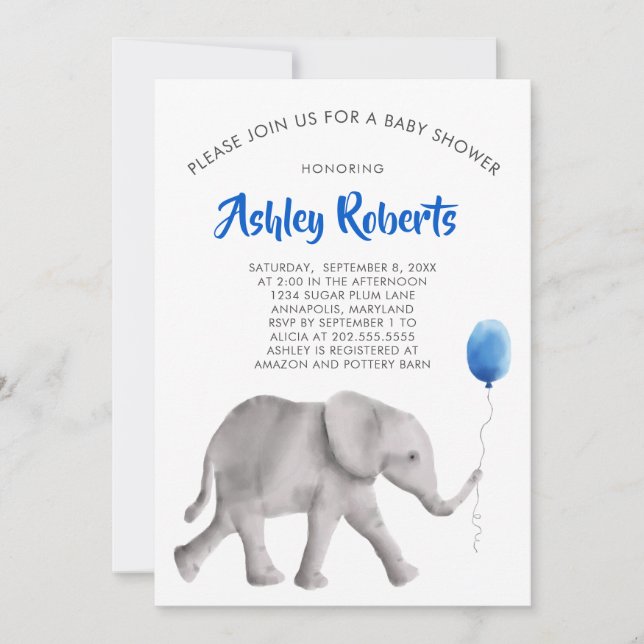 Baby Elephant Baby Shower Inbjudan, Blue & Grått Inbjudningar (Framsida)