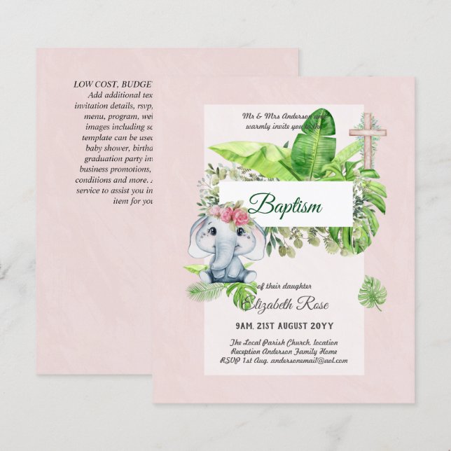 Baby Elephant BAPTISM Bautizo Bautismo Invtiations (Fram/baksida)