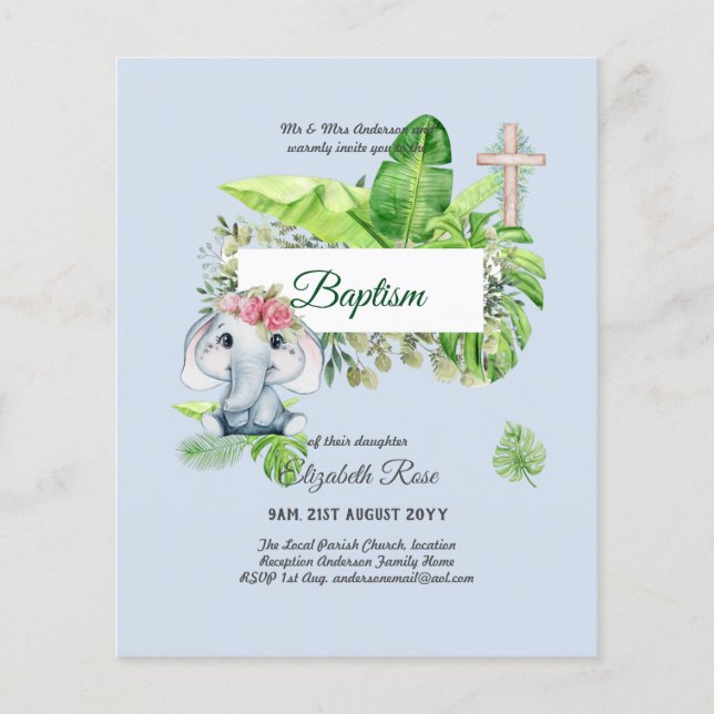 Baby Elephant BAPTISM Bautizo Bautismo Invtiations Flygblad (Framsidan)