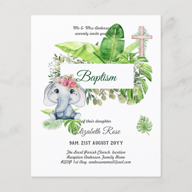Baby Elephant BAPTISM Bautizo Bautismo Invtiations Flygblad (Framsidan)