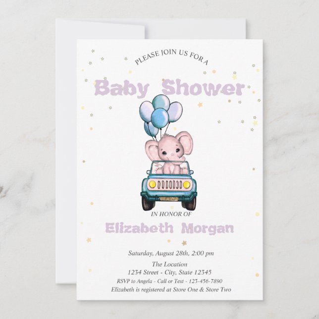 Baby Elephant,Bilar,Stars Baby Shower Inbjudningar (Framsida)