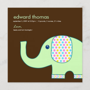 Baby Elephant Birth Announcement, Brown och Grönt Meddelande