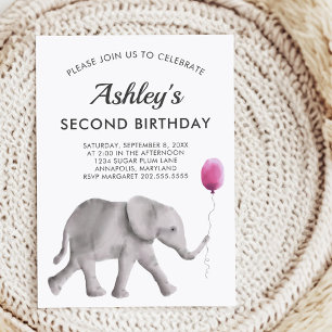 Baby Elephant Birthay Party bjudande in Rosa & Grå Inbjudningar