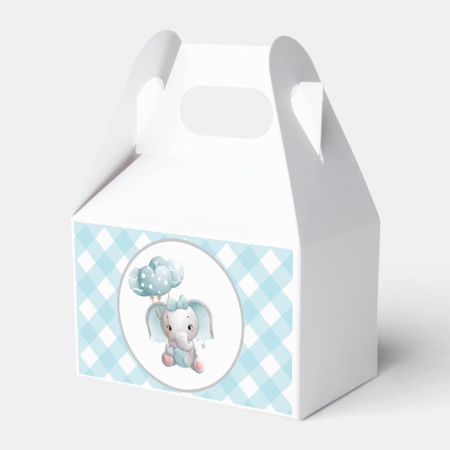 Baby Elephant Birthday Favor Box Blue Gingham Presentaskar (Framsidan Sidan)