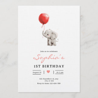 Baby Elephant Birthday Invite, Kids 1st Birhday Inbjudningar