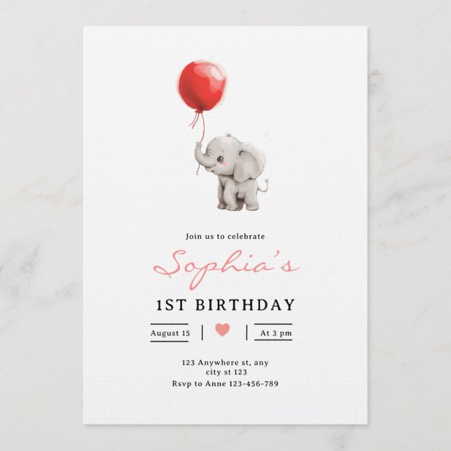 Baby Elephant Birthday Invite, Kids 1st Birhday Inbjudningar (Framsida)