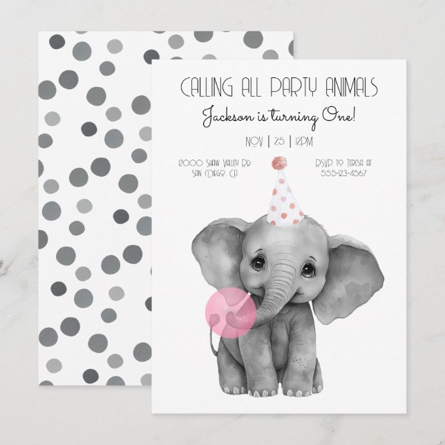Baby Elephant black and white Birthday Inbjudningar (Fram/baksida)