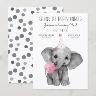 Baby Elephant black and white Birthday Inbjudningar