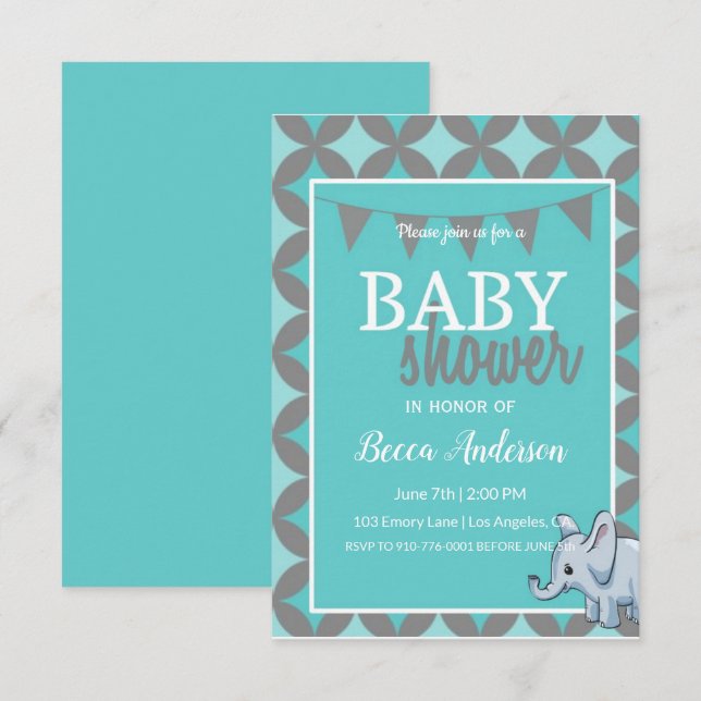 Baby Elephant | Blue Baby Shower Inbjudningar (Fram/baksida)