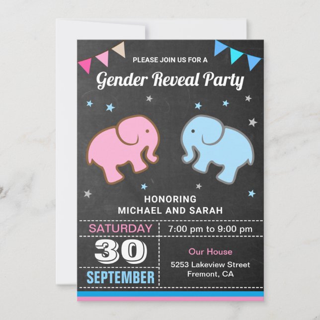 Baby Elephant Blue eller Rosa Gender Reveal Party Inbjudningar (Framsida)